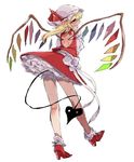  back_cutout bad_id bad_twitter_id bare_legs blonde_hair bloomers bobby_socks flandre_scarlet full_body fuuga_(perv_rsity) grin hat hat_ribbon high_heels laevatein laevatein_(tail) miniskirt mob_cap petticoat pointy_ears profile puffy_sleeves red_eyes red_footwear red_ribbon red_skirt ribbon shoes simple_background skirt skirt_set smile socks solo tail touhou underwear vest white_background white_legwear wings 