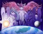  2016 equine female friendship_is_magic group horn inuhoshi-to-darkpen lauren_faust_(character) mammal moon my_little_pony planet princess_celestia_(mlp) princess_luna_(mlp) space sun winged_unicorn wings 