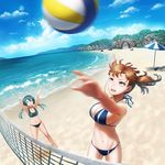  arch arm_up arms_up ball barefoot beach beach_chair beach_umbrella beach_volleyball bikini black_bikini blue_bikini blue_sky breasts brown_eyes brown_hair cleavage cloud day green_eyes green_hair highres kaga_(kantai_collection) kantai_collection large_breasts motion_blur multiple_girls navel ocean open_mouth outdoors outstretched_arm parasol rock sand shadow shiny shiny_hair side_ponytail sky small_breasts sports_bikini standing swimsuit teeth towel tree twintails umbrella volleyball volleyball_net water yue_(tada_no_saboten) zuikaku_(kantai_collection) 