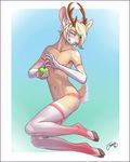  5_fingers antlers armband blonde_hair blue_background blue_eyes blush border cervine clothing cloven_hooves deer feralise fur girly hair hooves horn legwear liam_deer looking_at_viewer mammal navel nipples panties pink_nose signature simple_background smile solo spots stockings tan_fur underwear white_border white_fur 