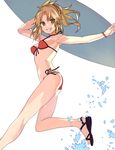  armpits bikini blonde_hair breasts fate/apocrypha fate/grand_order fate_(series) green_eyes grin highres long_legs looking_at_viewer midriff mordred_(fate)_(all) mordred_(swimsuit_rider)_(fate) navel nove_(legge) ponytail red_bikini sandals side-tie_bikini sideboob small_breasts smile solo splashing surfboard swimsuit 