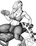  anthro anthrosaurs armpits bench big_breasts black_and_white bra breasts bulge cleavage clothed clothing dinosaur exercise herm huge_breasts intersex legwear monochrome predaguy raptor sitting smile sports_bra theropod tights underwear weights workout yoga_pants 
