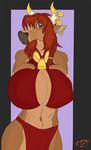  2016 absurd_res anthro big_breasts bovine breasts brown_hair cattle clothed clothing cowbell digital_media_(artwork) ear_piercing erect_nipples female furgonomics furry-specific_piercing hair hand_on_breast hi_res horn horn_piercing huge_breasts jewelry kizion_ksharr loincloth looking_at_viewer mammal nipples piercing solo topless 