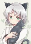  animal animal_ears animal_hug black_cat blush cat cat_ears green_eyes heart holding holding_animal looking_at_viewer nyaku paw_print sanya_v_litvyak short_hair silver_hair simple_background solo strike_witches white_background world_witches_series 
