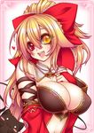  :d animal arm_strap bare_shoulders black_cat blonde_hair blush blush_stickers bow breasts bridal_gauntlets cat cleavage collarbone detached_collar detached_sleeves fang frame hair_bow heart heterochromia lace_trim long_hair looking_at_viewer medium_breasts navel open_mouth original pink_eyes ponytail red_bow red_eyes smile solo suzuneko_(yume_no_kyoukai) teeth upper_body 