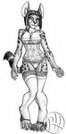  anthro big_ears black_and_white breasts cleavage clothed clothing corset feline female lace legwear lingerie mammal monochrome pose predaguy serval stockings 