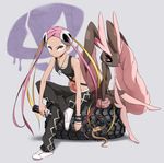  alternate_color bare_shoulders black_pants black_sclera blonde_hair bunny collarbone crop_top eyeshadow gen_4_pokemon gen_7_pokemon graffiti hair_ornament hirayama_(hirayamaniwa) holding jewelry lizard long_hair lopunny makeup multicolored_hair navel necklace pants pink_hair plumeri_(pokemon) pokemon pokemon_(creature) pokemon_(game) pokemon_sm quad_tails salandit shiny_pokemon sitting skull skull_hair_ornament slouching solo spray_can tank_top tattoo tire two-tone_hair wristband yellow_eyes 