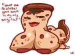  big_breasts blush breasts butt dialogue english_text female food food_creature green_eyes huge_breasts lightsource lips nipples pizza solo text what 