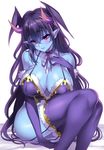  bare_shoulders blue blue_skin blush breasts character_request choker cleavage collarbone demon_horns elbow_gloves gan_(shanimuni) garter_straps gloves head_wings highres horns large_breasts long_hair looking_at_viewer purple_eyes purple_gloves purple_hair purple_legwear simple_background sitting smile solo thighhighs white_background 