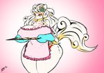  amaterasu anthro apron big_breasts breasts canine cleavage clothed clothing cookie deity eye_markings food fur gradient_background green_eyes hair huge_breasts mammal markings naked_apron oven_mitts rezflux simple_background smile solo thick_thighs video_games white_fur white_hair wide_hips wolf ōkami 