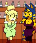  2016 alcohol animal_crossing ankha anthro beverage blush breasts canine cat clothed clothing date digital_media_(artwork) dog duo egyptian feline female female/female fur hair isabelle_(animal_crossing) mammal mr.under nintendo romantic sitting smile video_games wine yellow_fur 