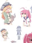  3girls ? ahoge bikini bikini_under_clothes bismarck_(kantai_collection) black_bikini black_eyes blonde_hair blue_eyes closed_mouth clothes_writing commentary empty_eyes frown hat i-168_(kantai_collection) jacket kantai_collection long_hair long_sleeves multiple_girls o_o one-piece_swimsuit open_mouth peaked_cap pink_hair prinz_eugen_(kantai_collection) school_swimsuit school_uniform serafuku silver_bell simple_background smile swimsuit track_jacket twintails white_background 