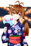  animal_ears antenna_hair blazblue blush brown_hair chukachuka closed_mouth fan highres japanese_clothes kimono makoto_nanaya multicolored_hair obi orange_eyes paper_fan sash short_hair smile solo squirrel_ears squirrel_tail tail two-tone_hair uchiwa 