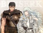  androgynous armor belt berserk black_hair blood blood_on_face blue_eyes cape copyright_name gauntlets griffith guts kippu light_smile long_hair male_focus multiple_boys parted_lips white_hair yellow_eyes 