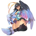  :o ass black_hair dark_skin feathered_wings feathers from_below harpy long_hair looking_down monster_girl purple_eyes simple_background tail thighhighs tie_(a5881199) white_background wings 
