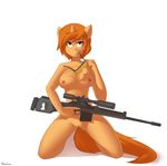  anthro breasts derpah equine eyewear fan_character female green_eyes hair high_impact_(character) horn kneeling looking_at_viewer mammal nipples nude pussy ranged_weapon solo sunglasses unicorn weapon 