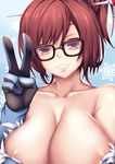  areolae breasts brown_eyes brown_hair cleavage fi-san glasses hair_bun hair_ornament hair_stick highres large_breasts looking_at_viewer mei_(overwatch) overwatch short_hair solo v 