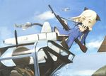  aircraft animal_ears black_legwear blonde_hair cat_ears flying glasses gun highres long_hair machine_gun panties panties_under_pantyhose pantyhose perrine_h_clostermann pilot scan shimada_fumikane smile strike_witches striker_unit tail underwear waving weapon white_panties world_witches_series yellow_eyes 