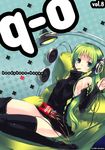  detached_sleeves dress food green_eyes green_hair headphones highres mouth_hold original pocky refeia solo thighhighs 