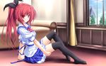  hair_ribbon highres magus_tale ponytail red_eyes red_hair ribbon school_uniform seera_finis_victoria sitting solo tenmaso thighhighs wallpaper 
