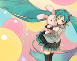  blue_eyes blue_hair elbow_gloves hatsune_miku headphones long_hair skirt thigh-highs tie vocaloid 