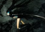 absurdres belt black_hair black_rock_shooter black_rock_shooter_(character) blue_eyes boots burning_eye cape chain flat_chest highres long_hair shorts solo sword twintails uneven_twintails urami very_long_hair weapon 