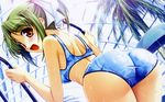  ass back bekkankou bikini blush brown_eyes dutch_angle from_behind green_hair hair_ribbon happy highres looking_back midriff non-web_source palm_tree ponytail ribbon short_hair solo swimsuit tooyama_midori tree wallpaper wet yoake_mae_yori_ruri_iro_na 