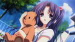  blue_hair clannad day dress hair_bobbles hair_ornament highres ichinose_kotomi non-web_source official_art purple_eyes solo stuffed_animal stuffed_toy sundress teddy_bear two_side_up 