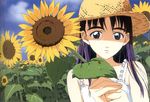  artist_request flcl flower hat highres ninamori_eri purple_hair solo straw_hat sunflower 