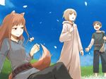  2girls animal_ears aryes ayakura_juu breasts eyebrows_visible_through_hair flower holo klass multiple_girls novel_illustration official_art outdoors robe short_hair sitting small_breasts spice_and_wolf tail white_robe wolf_ears wolf_tail 