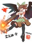  :d arm_cannon black_legwear black_wings bow brown_eyes brown_hair character_name dated eyebrows eyebrows_visible_through_hair feathered_wings hair_bow inuno_rakugaki long_hair open_mouth red_eyes reiuji_utsuho smile solo teeth thighhighs third_eye touhou v-shaped_eyebrows weapon wings 