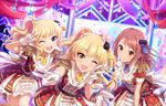  ;d across_the_stars artist_request bangs blonde_hair blunt_bangs blush brown_eyes dancing dress epaulettes fangs gloves houjou_karen idolmaster idolmaster_cinderella_girls idolmaster_cinderella_girls_starlight_stage jougasaki_rika long_hair looking_at_viewer multiple_girls official_art one_eye_closed ootsuki_yui open_mouth orange_hair ponytail smile stage yellow_eyes 