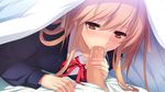  16:9_aspect_ratio 1boy 1girl bed blush brown_eyes brown_hair censored cum fellatio game_cg hatsukoi_1/1 koizumi_amane long_hair morino_yukino penis pov ribbon school_uniform tone_work&#039;s under_blanket 