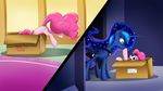  blue_eyes blue_feathers boop cosmic_hair cutie_mark detailed_background duo english_text equine eyelashes feathered_wings feathers female feral flamevulture17 friendship_is_magic hair hooves horn inside mammal my_little_pony open_mouth pink_hair pinkie_pie_(mlp) portals princess_luna_(mlp) smile standing text winged_unicorn wings 