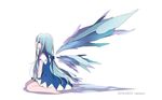  2016 alternate_hair_length alternate_hairstyle artist_name bare_arms bare_legs barefoot between_legs blue_bow blue_dress blue_eyes blue_hair bow cirno crystal dated detached_wings dress full_body hair_bow hand_between_legs ice ice_wings long_hair looking_afar low-tied_long_hair namauni puffy_short_sleeves puffy_sleeves shirt short_sleeves simple_background sitting sleeveless sleeveless_dress solo touhou very_long_hair wariza white_background white_shirt wings 