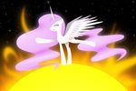  cutie_mark equine eyelashes eyes_closed feathered_wings feathers female feral flamevulture17 flowing_hair friendship_is_magic hair hooves horn mammal my_little_pony pink_hair princess_celestia_(mlp) smile solo space standing star sun white_feathers winged_unicorn wings 
