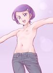  armpits breasts denim dokidoki!_precure groin hair_ornament hairclip highres jeans kenzaki_makoto navel nipples ogry_ching open_mouth outstretched_arms pants precure purple_eyes purple_hair short_hair small_breasts solo topless 