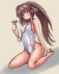  barefoot brown_hair collar highleg highleg_swimsuit leash little_busters! long_hair natsume_rin one-piece_swimsuit ponytail red_eyes school_swimsuit solo swimsuit white_school_swimsuit white_swimsuit yo-jin 