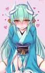  aqua_hair blush breasts fate/grand_order fate_(series) full-face_blush heart highres horns japanese_clothes kimono kiyohime_(fate/grand_order) large_breasts long_hair long_sleeves looking_at_viewer medium_breasts shisei_(kyuushoku_banchou) simple_background smile solo thighhighs twitter_username white_legwear yellow_eyes 