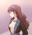  amanogawa_kirara breasts brown_hair earrings go!_princess_precure hairband highres jewelry long_hair ogry_ching open_clothes open_shirt precure purple_eyes purple_hairband shirt small_breasts solo 