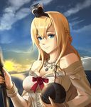  bare_shoulders blonde_hair blue_eyes braid breasts carrying cleavage cloud cloudy_sky collarbone commentary corset crown dress french_braid globus_cruciger hairband highres holding horizon jewelry kantai_collection long_hair looking_at_viewer medium_breasts mini_crown necklace ocean off-shoulder_dress off_shoulder scepter scrson sky smile solo sunrise warspite_(kantai_collection) 