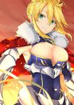  armpits artoria_pendragon_(all) artoria_pendragon_(lancer) blonde_hair braid breasts cleavage covered_navel fate/grand_order fate_(series) from_below fur_trim gauntlets green_eyes holding holding_weapon lance large_breasts looking_at_viewer p!nta parted_lips polearm rhongomyniad solo weapon 