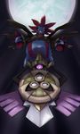  dark dragon fangs floating full_moon gen_5_pokemon gen_6_pokemon glowing glowing_eyes highres hydreigon looking_at_viewer meda moon multiple_heads night night_sky no_humans one-eyed open_mouth pokemon pokemon_(creature) purple_eyes red_eyes shield sky slit_pupils sword weapon wings 