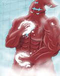  2016 5_fingers abs absurd_res anthro big_biceps blue_background blue_scales calamari cephalopod colored convenient_censorship detailed_background digital_drawing_(artwork) digital_media_(artwork) giant_squid hair half-length_portrait hi_res huge_muscles inside invalid_tag light long_hair male manly marine muscular muscular_male no_iris nude pecs portrait red_scales samudra_aquarium scales scalie scar scarefish shaded shower showering signature simple_background soap solo squid standing steam tentacle_hair tentacles water 