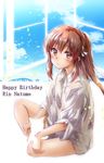  absurdres brown_eyes brown_hair ca2la cat character_name dress_shirt happy_birthday highres light_smile little_busters! long_hair natsume_rin ponytail shirt smile solo 
