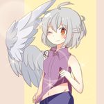  ;( adapted_costume ahoge bare_arms blush buna_shimeji_(keymush) casual collared_shirt denim grey_hair half_updo jeans kishin_sagume navel one_eye_closed pants red_eyes shading_eyes shirt shirt_lift short_hair shoulder_tattoo simple_background single_wing sleeveless solo sparkle sweat tattoo touhou wavy_mouth wince wings 