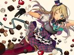  :o alessandra_susu black_gloves blonde_hair blue_eyes chocolate chocolate_heart dress gloves hat heart long_hair mini_hat necktie nozaki_tsubata one_eye_closed plaid plaid_skirt puffy_sleeves short_sleeves simple_background skirt solo thighhighs tokyo_7th_sisters valentine 