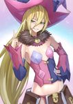  bare_shoulders black_sleeves blonde_hair corset detached_collar detached_sleeves elf flat_chest fur_collar fur_trim green_eyes hand_on_hip hat long_hair magilou_(tales) mismatched_sleeves pink_sleeves pointy_ears shijiu_(adamhutt) smirk solo tales_of_(series) tales_of_berseria witch_hat 