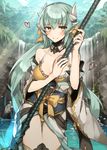  aqua_hair bare_shoulders bikini blush breasts chibirisu fate/grand_order fate_(series) heart holding holding_weapon horns japanese_clothes kimono kiyohime_(fate/grand_order) kiyohime_(swimsuit_lancer)_(fate) long_hair looking_at_viewer medium_breasts off_shoulder polearm sash smile solo swimsuit thighhighs water waterfall weapon yellow_bikini 