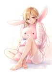  bangs barefoot blonde_hair blush closed_mouth ensemble_stars! feet full_body hair_between_eyes looking_at_viewer loungewear male_focus navel nito_nazuna object_hug otoko_no_ko red_eyes rimo simple_background sitting sleeves_past_wrists smile solo stuffed_animal stuffed_bunny stuffed_toy white_background 